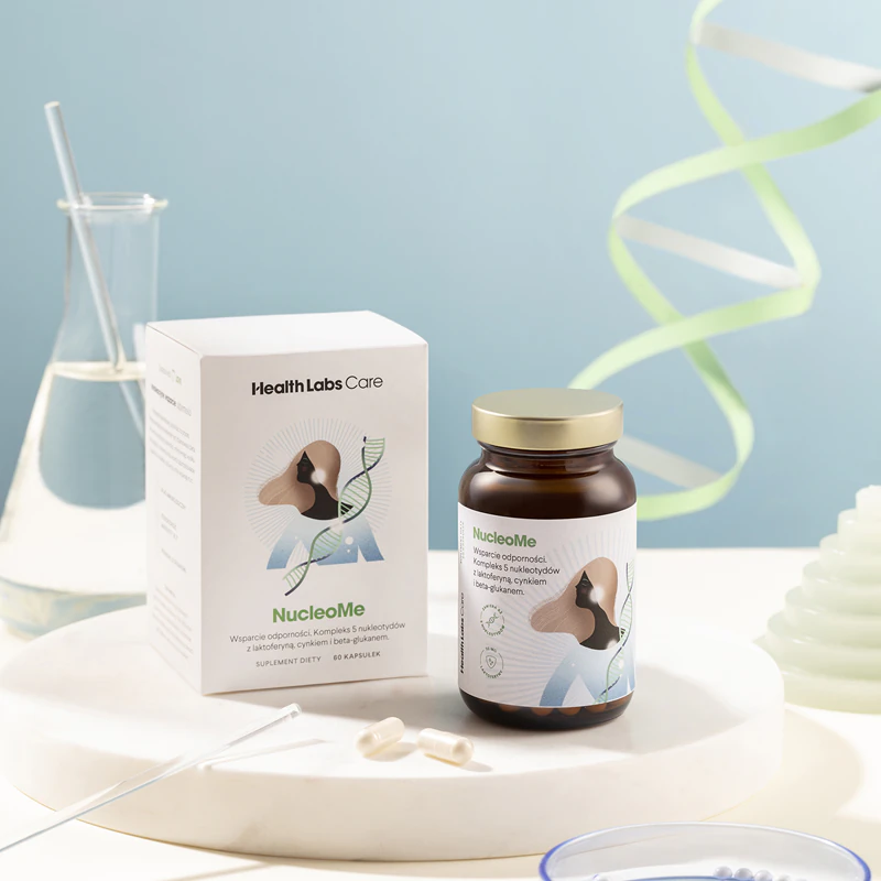 Cápsulas do suplemento alimentar NucleoMe da Health Labs Care para fortalecer o sistema imunológico.