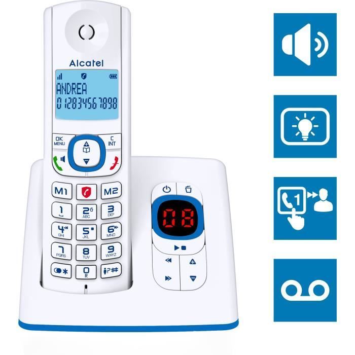 Schnurloses Telefon – ALCATEL – F530 Voice – Anrufbeantworter, Anrufsperre, Freisprechfunktion, 2 Kurzwahlnummern, Weiß/Blau