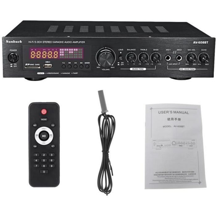 Amplificador HiFi de 2000 W y 220 V, amplificador de audio estéreo Bluetooth con USB, ranura para tarjeta SD, radio FM y pantalla LED - Negro