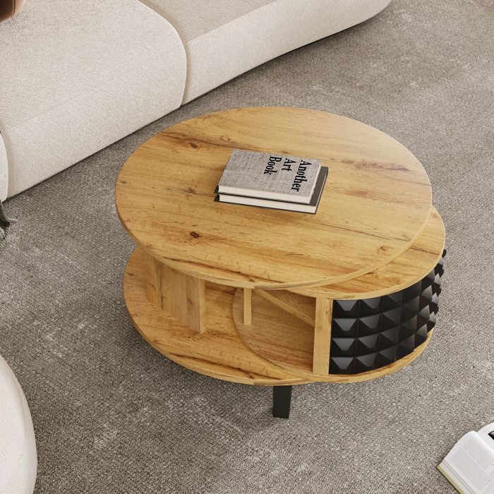 Maisentil salontafel met dubbel draaibaar blad in natuurlijke houtlook, verborgen opbergruimte en een strak, modern design.