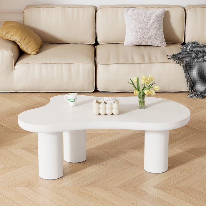 Mesa de centro lacada con forma de nube irregular, estilo crema, mesa auxiliar minimalista moderna para sofá, 107x66x40,5 cm, blanca.