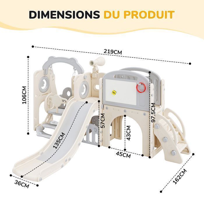 Toboggan et Balançoire Enfant, 9 en 1 Toboggan avec Balançoire,Télescope, Escaliers, Lancer d'anneaux, Panier de Basket, Beige gris
