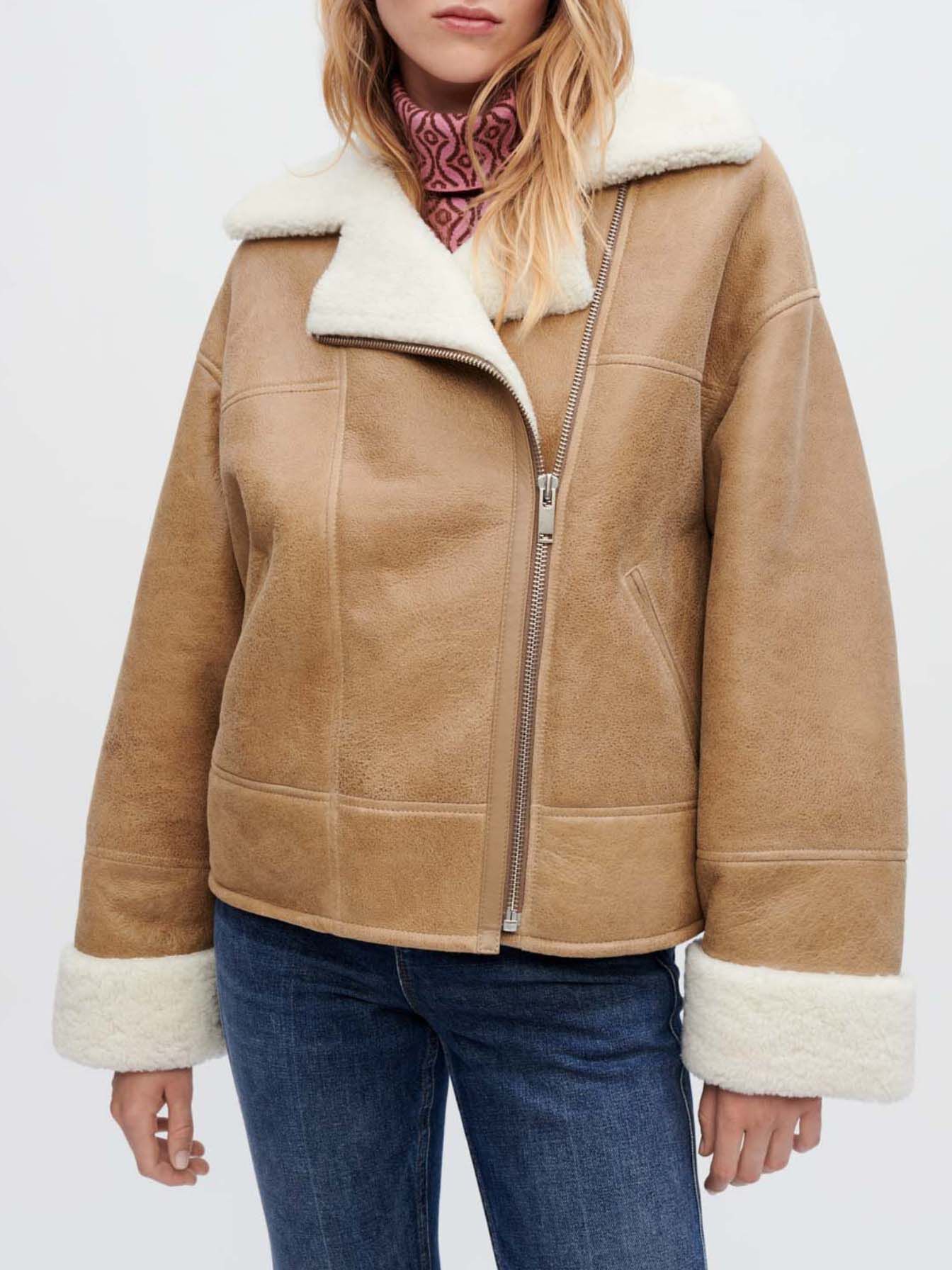Palton din shearling bicolor, culoarea cămilei