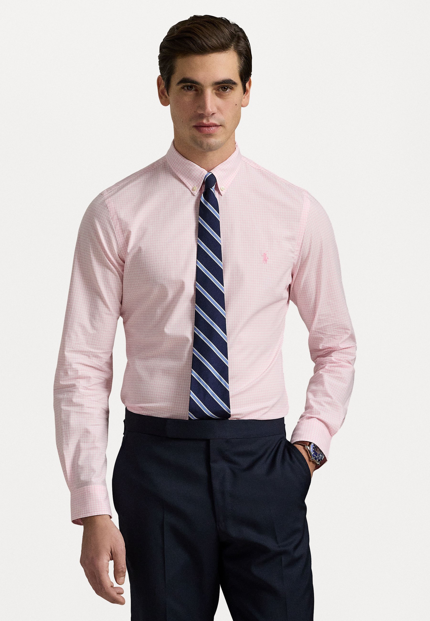 SLIM FIT GINGHAM STRETCH POPLIN SHIRT - Kauluspaita - carmel pink/whitePolo Ralph Lauren