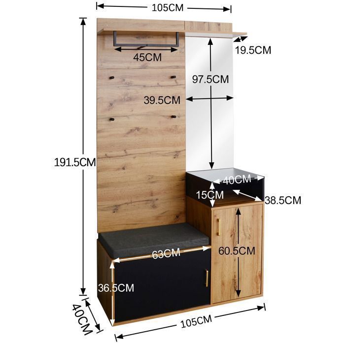 Entryway furniture - Wardrobe set with mirror and shoe cabinet, Entryway coat rack with hooks, 105x40x191.5cm, Black