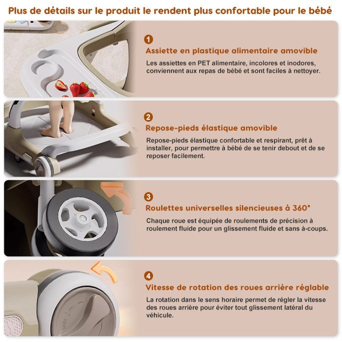 Andador convertible 2 en 1 para bebés - Altura y velocidad ajustables - Bandeja para comida, música Bluetooth, alfombra de juegos, juguete para empujar - 7-18 meses - Beige