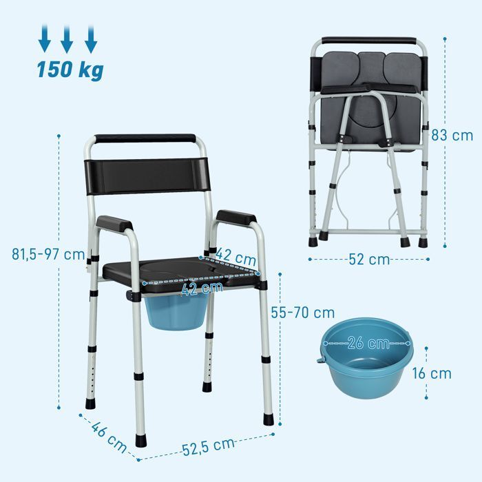 Silla inodoro HOMCOM - plegable y antideslizante - altura regulable, asiento y reposabrazos acolchados, capacidad de carga de 150 kg - negra