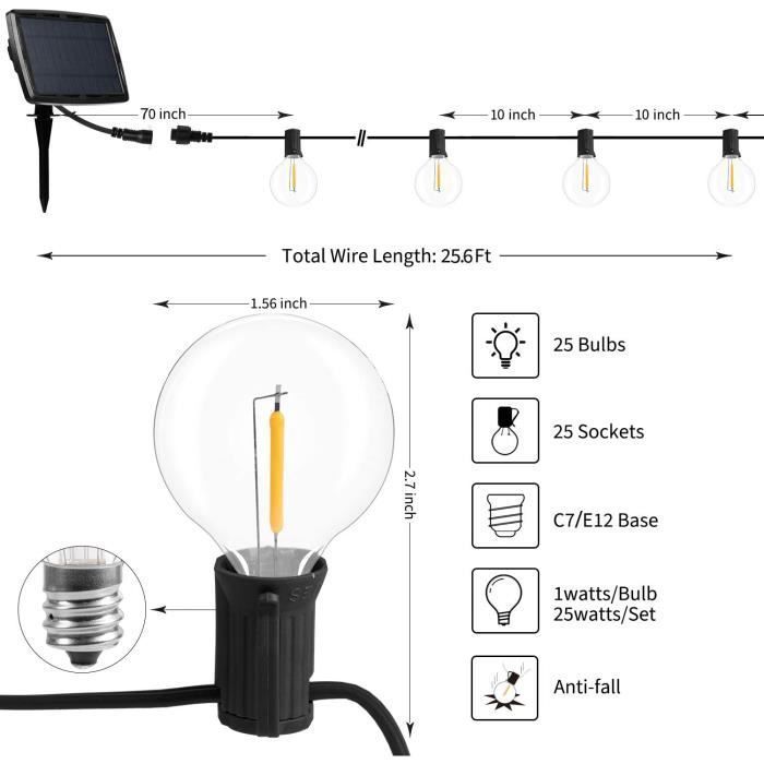 Guirnalda de luces solares para exteriores de 7,9 metros con 25+1 bombillas LED G40, 4 modos de iluminación, energía solar/USB.