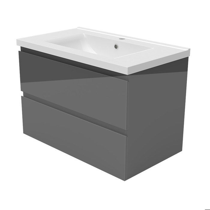 Mueble de baño AICA de 80 cm en color antracita brillante con 2 cajones de cierre suave y un lavabo de cerámica.