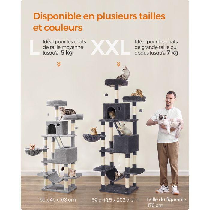 Árbol rascador para gatos, 203,5 cm de altura, con 13 postes rascadores, 2 plataformas, 2 cuevas, árbol rascador multinivel para interiores, gris claro.