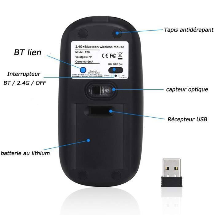 Ratón inalámbrico Bluetooth de 2,4 GHz, recargable de modo dual con clic silencioso, compatible con PC.