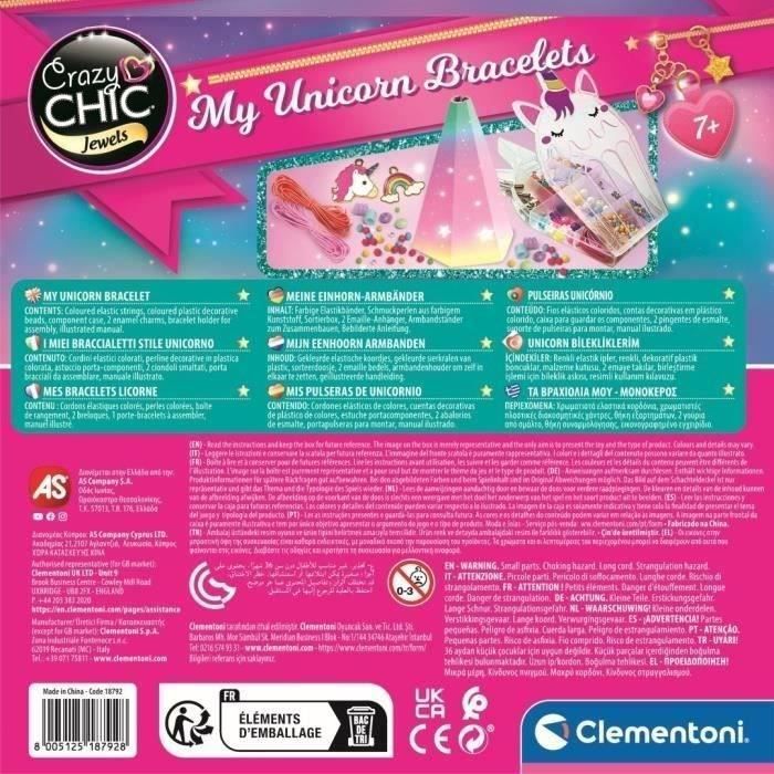 Clementoni - Crazy Chic - Kit Creativo Unicornio - Crea tus propias pulseras de cuentas coloridas con dijes y pompones - Para mayores de 7 años