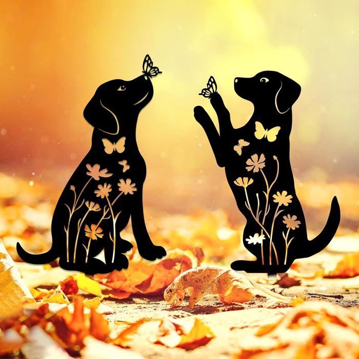 Adornos metálicos para jardín con forma de perro (2 piezas) - AQSACOKIYA - Estacas decorativas para jardín con forma de perro - Decoración para exteriores