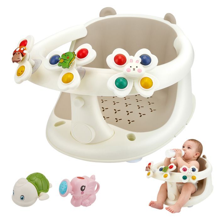 Asiento de baño para bebés 2 en 1 con juguetes, apto a partir de 6 meses, accesorio ergonómico para bañera con 4 ventosas antideslizantes.