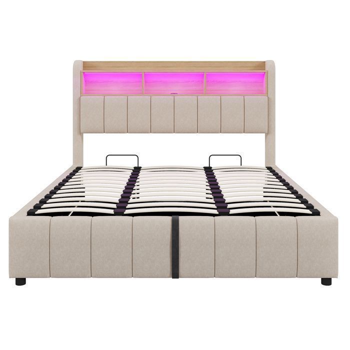Lit Coffre avec LED et USB - MERAX - Lit Double 180x200 cm King Size - Rangement Hydraulique et Tête de Lit Étagère, Tissu Lin Beige