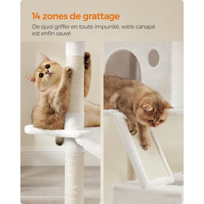 Árbol rascador para gatos, 206 cm de altura, con 13 postes rascadores, 2 plataformas, 2 cuevas, cesta, hamaca, pompón, color blanco crema.