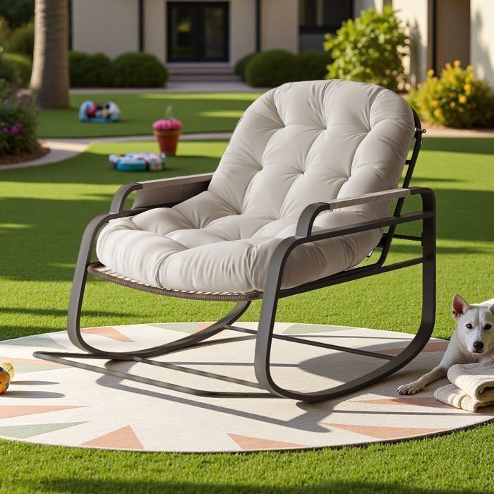 Sedia a dondolo - TANANT - Rattan - Cuscino imbottito - Tessuto di lino - Beige