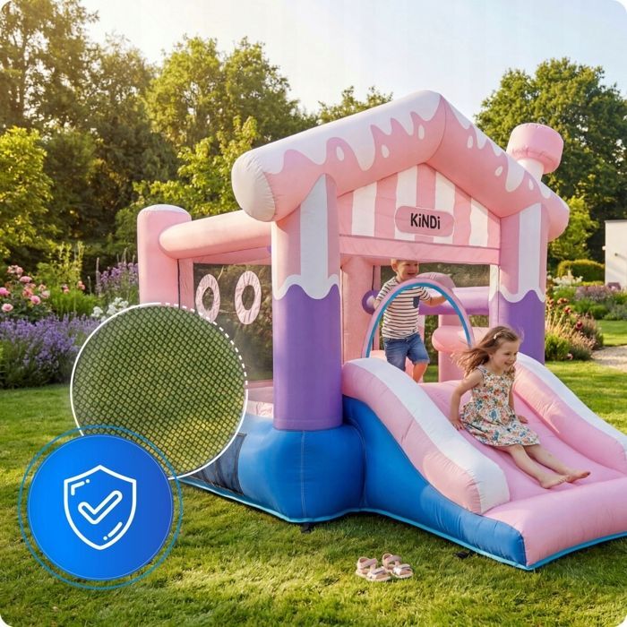 KINDI opblaasbare glijbaan, springkasteel, kinderspeelplaats met basketbalring en hindernisbaan