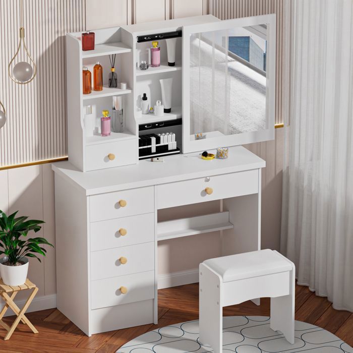 Toeletta con specchio scorrevole - 6 ampi cassetti con maniglie in legno - Ripiani laterali - 80x40x135 cm