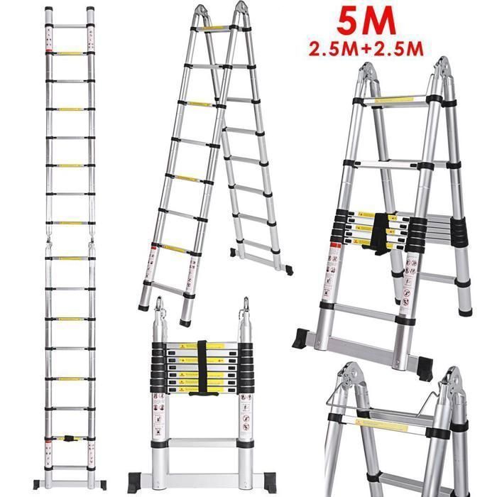 Échelle Télescopique Pliante 5M - Eloklem, Ultra-épais et léger Aluminium,Anticorrosion et Antirouille,16 Echelons,Charge max 150 kg