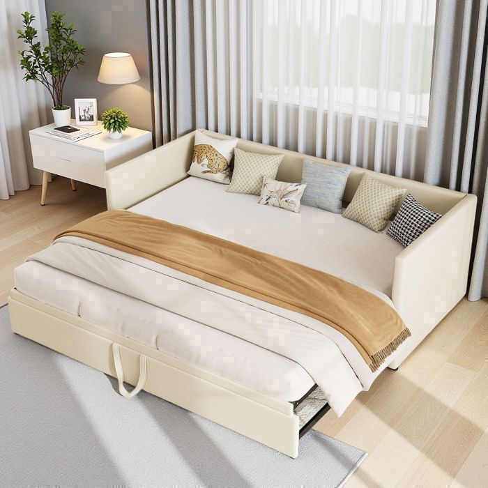 Uitschuifbare 2-zits slaapbank (90/180x200cm), beige fluweel, stevig FSC-gecertificeerd houten frame, ruimtebesparend, modern design