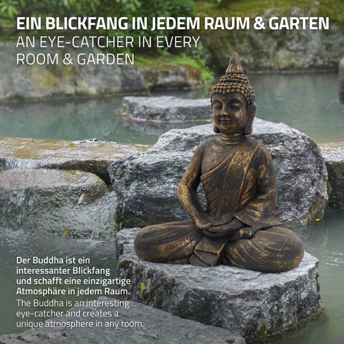 Estatua de Buda sentado de ECD Alemania, 48 cm, en piedra artificial de poliresina con aspecto de bronce. Escultura para jardín.