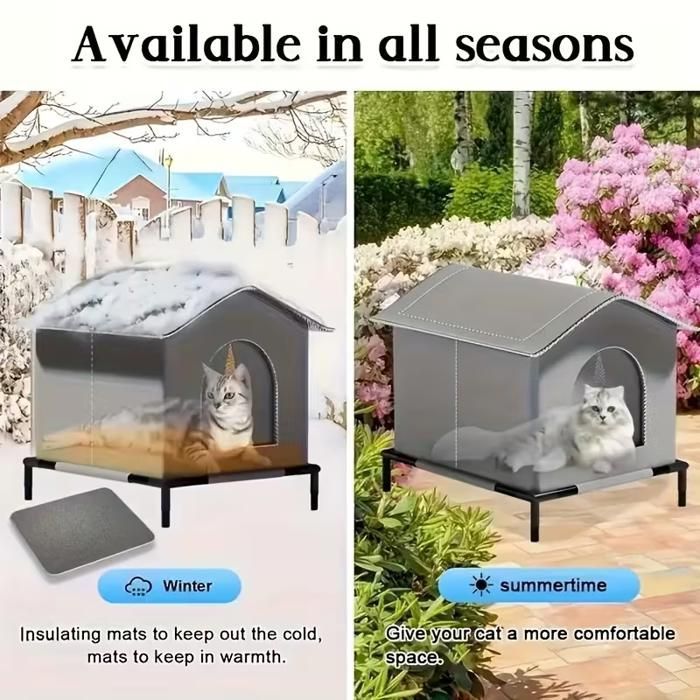 Caseta de exterior para gatos - Refugio exterior con alfombra y suelo elevado, tienda de campaña con aislamiento térmico de invierno para mascotas, color gris.