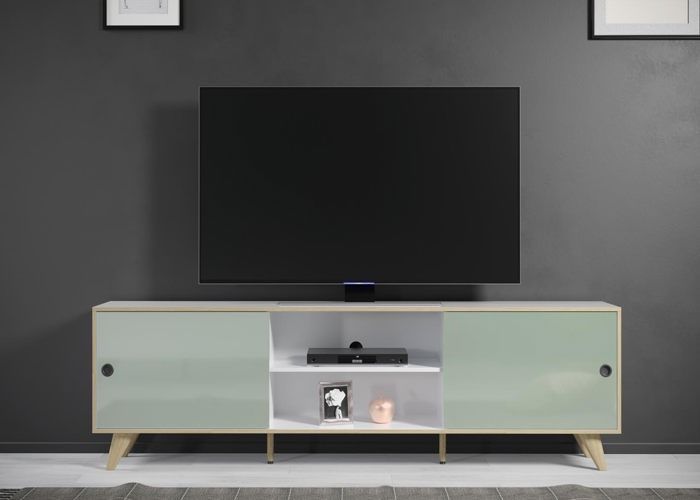 Mobile porta TV Melanie con 2 ante e 2 ripiani, bianco, verde e legno naturale.