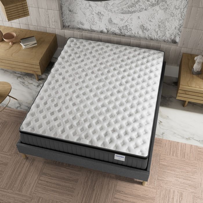 Set composto da materasso e base letto (140x200 cm) - Molle insacchettate Elekctra e memory foam, spessore 30 cm + Base letto in legno stabile, tessuto grigio
