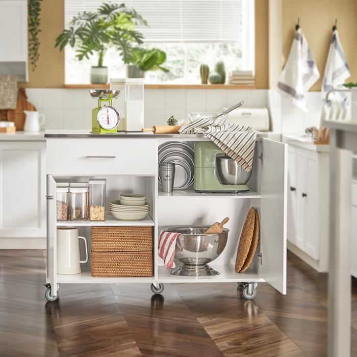 SoBuy FKW117-W Desserte de Cuisine sur Roulettes avec Plan de Travail, Tiroir et 2 Portes, Blanc, 120x56x90 cm