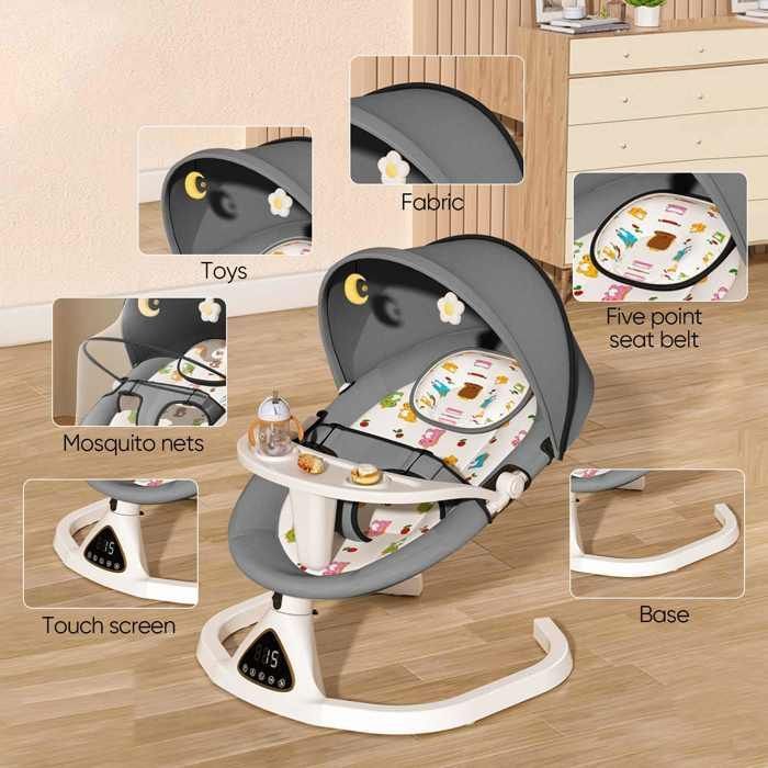Balancelle Bebe de 0-12 Mois,Transat Bébé Charge Maximale15kg, Bluetooth, 5 Vitesses Balancement, Minuteriea 3 Etapes, Arche Jouets