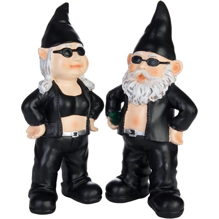 BRUBAKER Set de Nains de Jardin Biker Homme et Femme Noir - Nains Rocker avec Lunettes de Soleil - 23 cm Figure de Jardin