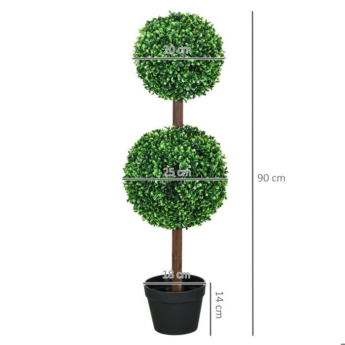 Boj artificial - HOMCOM - juego de 2 bolas dobles con tronco y maceta incluidos - decoración - plástico - altura 90 cm - verde
