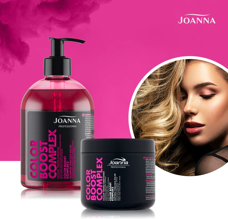 Shampoo Joanna Professional Color Boost Complex para neutralizar tons amarelados.