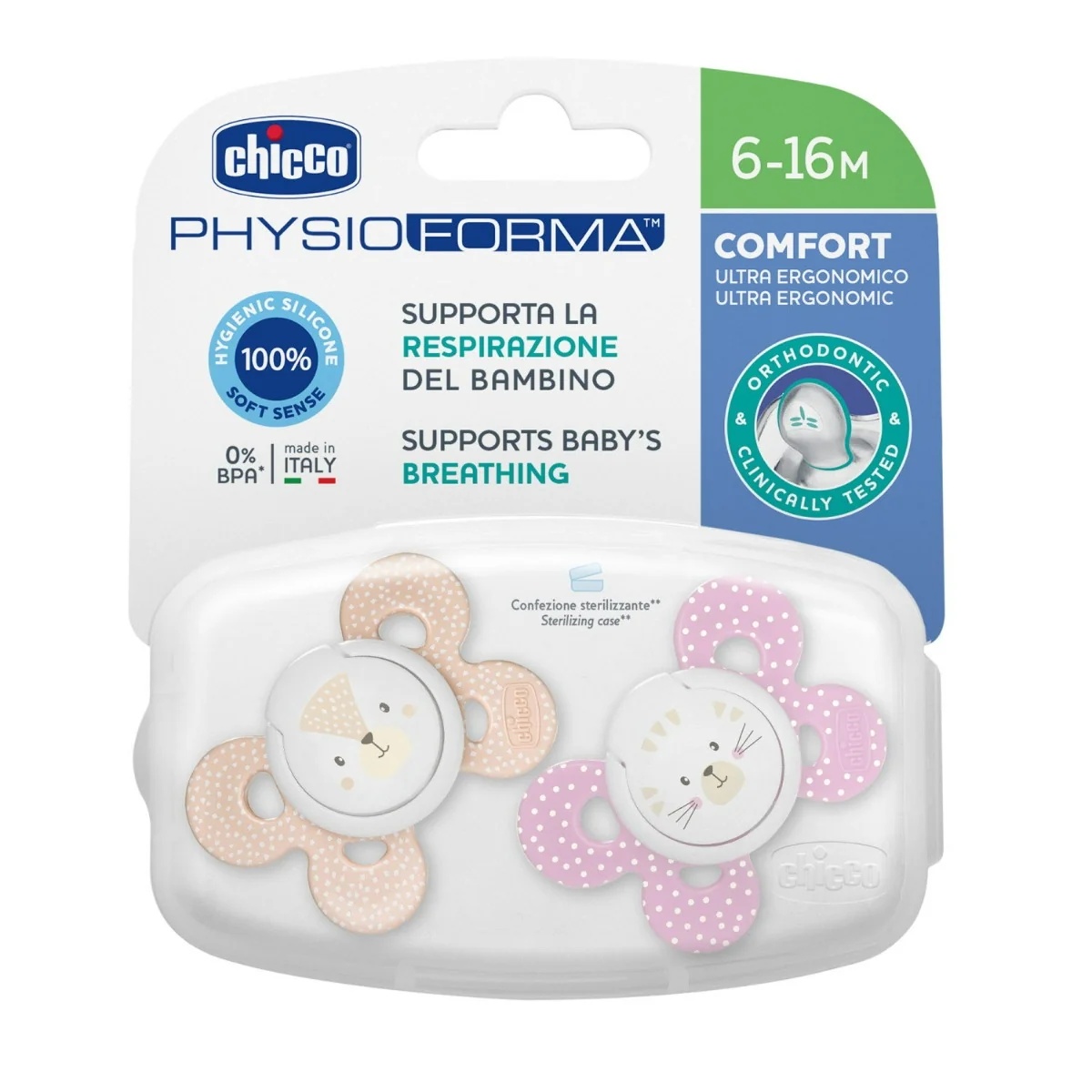 CHICCO Chicco Comfort Girl Chupete de silicona, 2 unidades, 6-16 meses