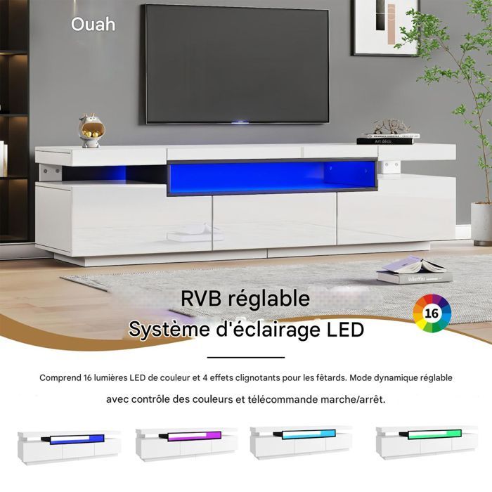 Elegante mueble para TV lacado de alto brillo con iluminación LED, 3 cajones, color blanco, mueble para salón, 160 x 39 x 42 cm