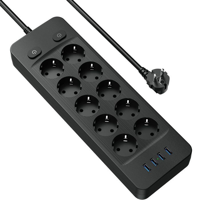 Regleta de 4000 W con 10 tomas de corriente, 4 puertos USB, protector contra sobretensiones e interruptor, cable de 2 m.