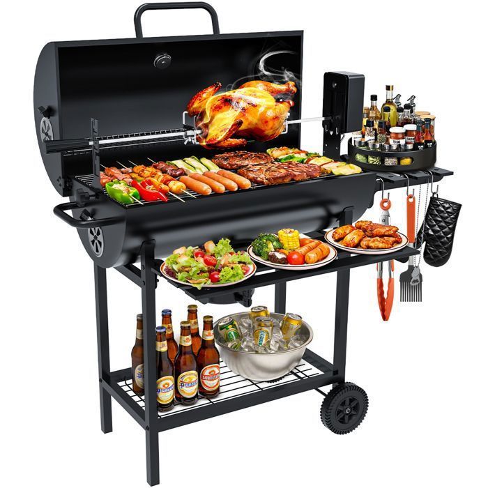 Barbecue a carbone - Barbecue grande con girarrosto elettrico e 2 tavolini laterali pieghevoli - Termometro, cassetto per la cenere e 2 ruote