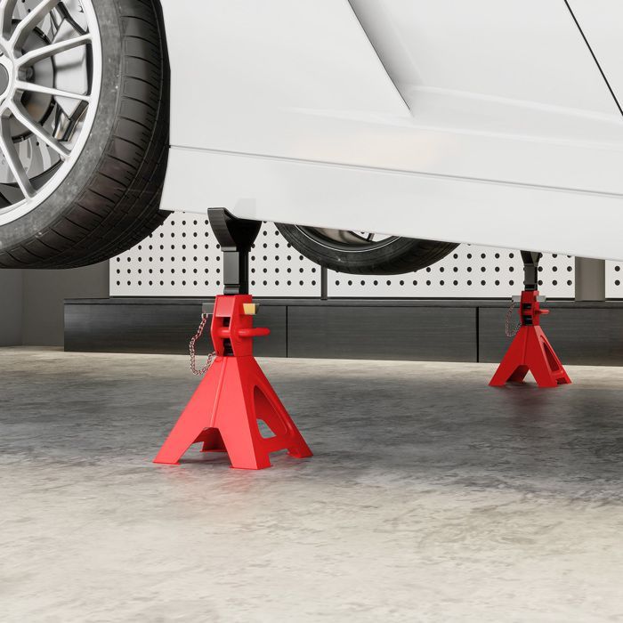 Juego de 2 soportes para gato hidráulico - HOMCOM - Capacidad de 3 toneladas - Altura ajustable de 290 a 418 mm - Pasador de seguridad - Rojo