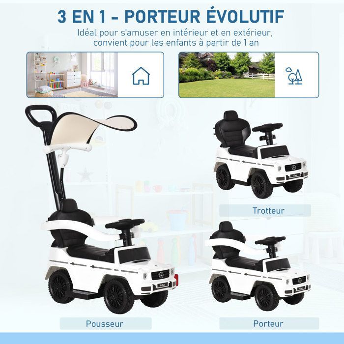 Coche de juguete infantil HOMCOM - Totalmente equipado con claxon, reposapiés y barras de seguridad - Plástico - 12-36 meses - Blanco