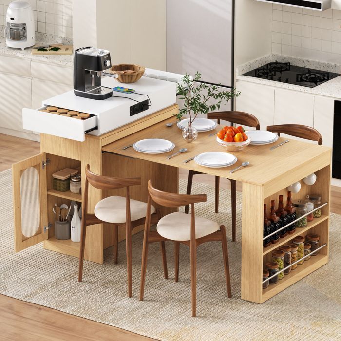 ilot Central Cuisine sur roulettes avec multiprise et crochet,Table à Manger Extensible avec plateau rabattable,Naturel