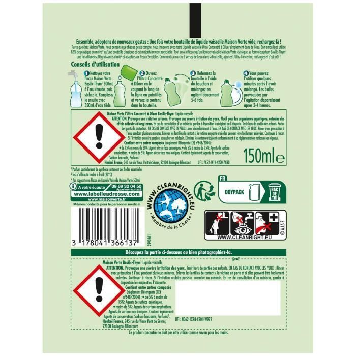 Detergente líquido ultraconcentrado para lavavajillas, para diluir, Tomillo y Albahaca, 150 ml.