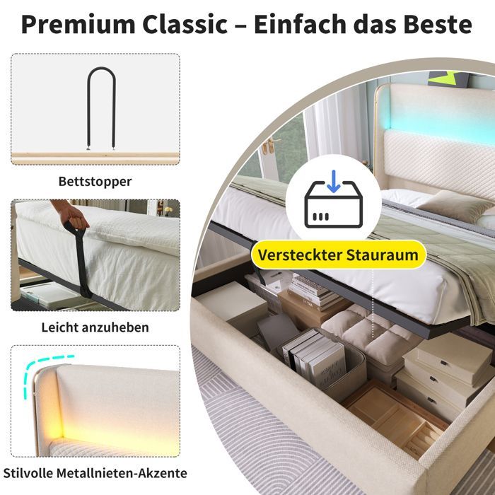 Letto matrimoniale imbottito 160 x 200 cm con illuminazione a LED. Letto contenitore con vani portaoggetti e porte USB e Type-C. Effetto lino, beige.