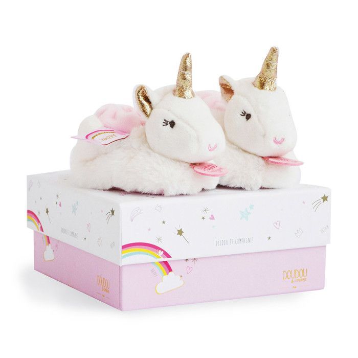 Baby booties - NO NAME - Lucie the Unicorn - Pink and white - Built-in rattles - Touches of gold glitter