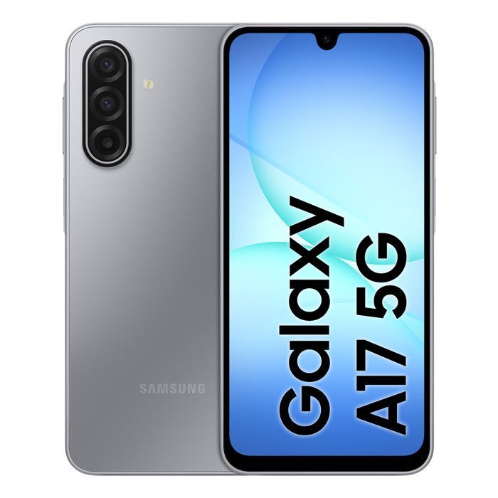 Samsung Galaxy A17 5G-smartphone, Android 15, 8 GB RAM, 256 GB opslag, grijs, 5000 mAh batterij.
