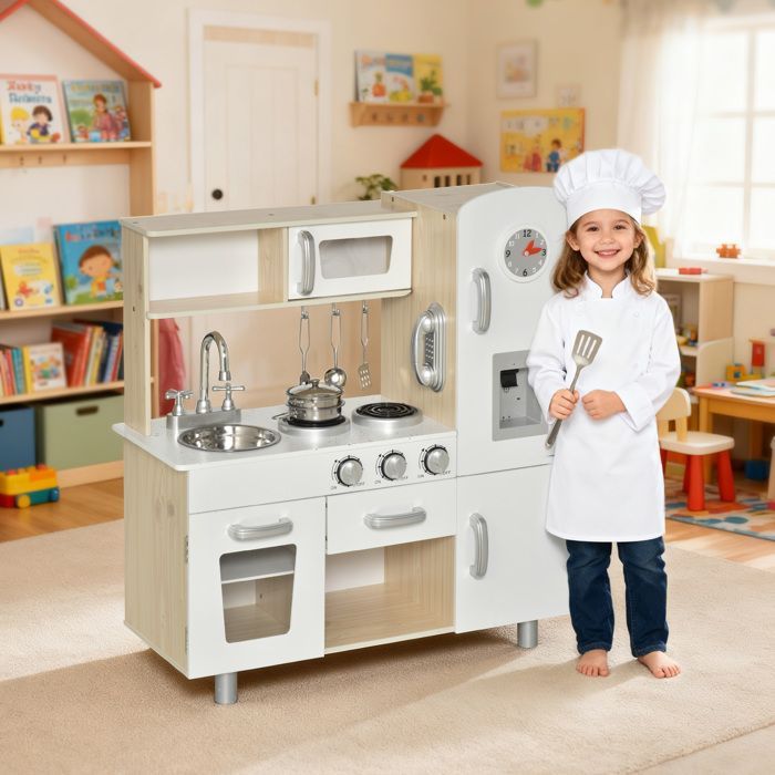 Cuisine pour enfant - HOMCOM - jeu imitation bois nombreux accessoires rangements - MDF pin - blanc chêne clair