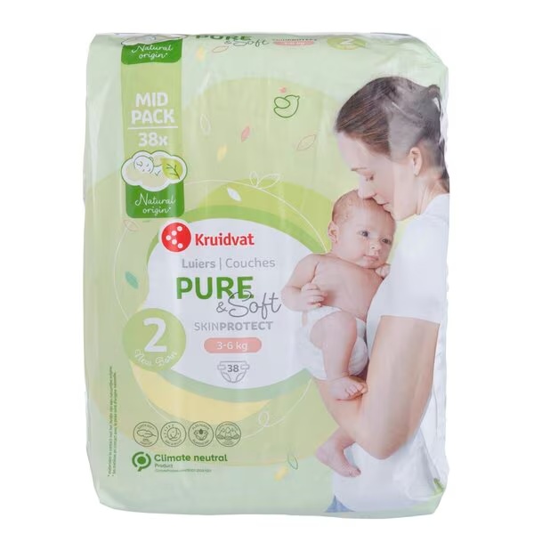 „Kruidvat Pure & Soft“ naujagimio sauskelnės, 2 dydžio, vidutinė pakuotė<br>2 dydis (3–6 kg), 38 vnt.