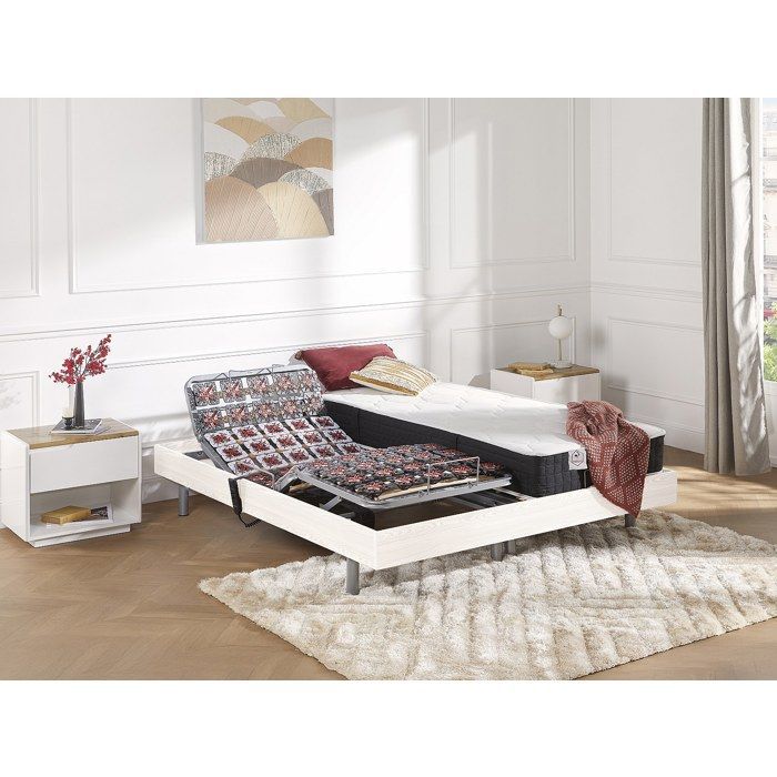 Cama eléctrica de relajación con base de láminas + colchón de muelles ensacados y espuma viscoelástica - 2 x 80 x 200 cm - Blanca - PHANES by YSMÉE