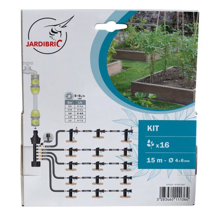 Kit de irrigação por gotejamento para canteiros elevados - 15m de microtubo Ø 6mm - 11 gotejadores ajustáveis 0-6 L/h