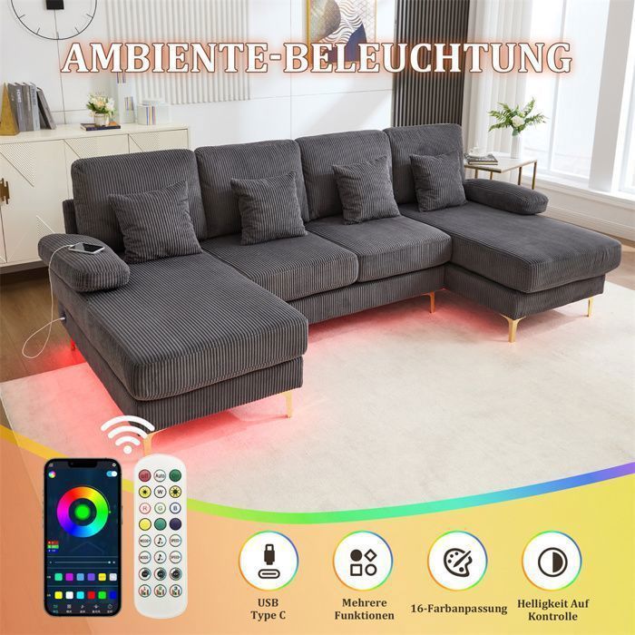 Sofá moderno en forma de U de DRIPEX para 4/5 personas con iluminación ambiental LED y puerto USB-C, incluye 4 cojines, color gris.